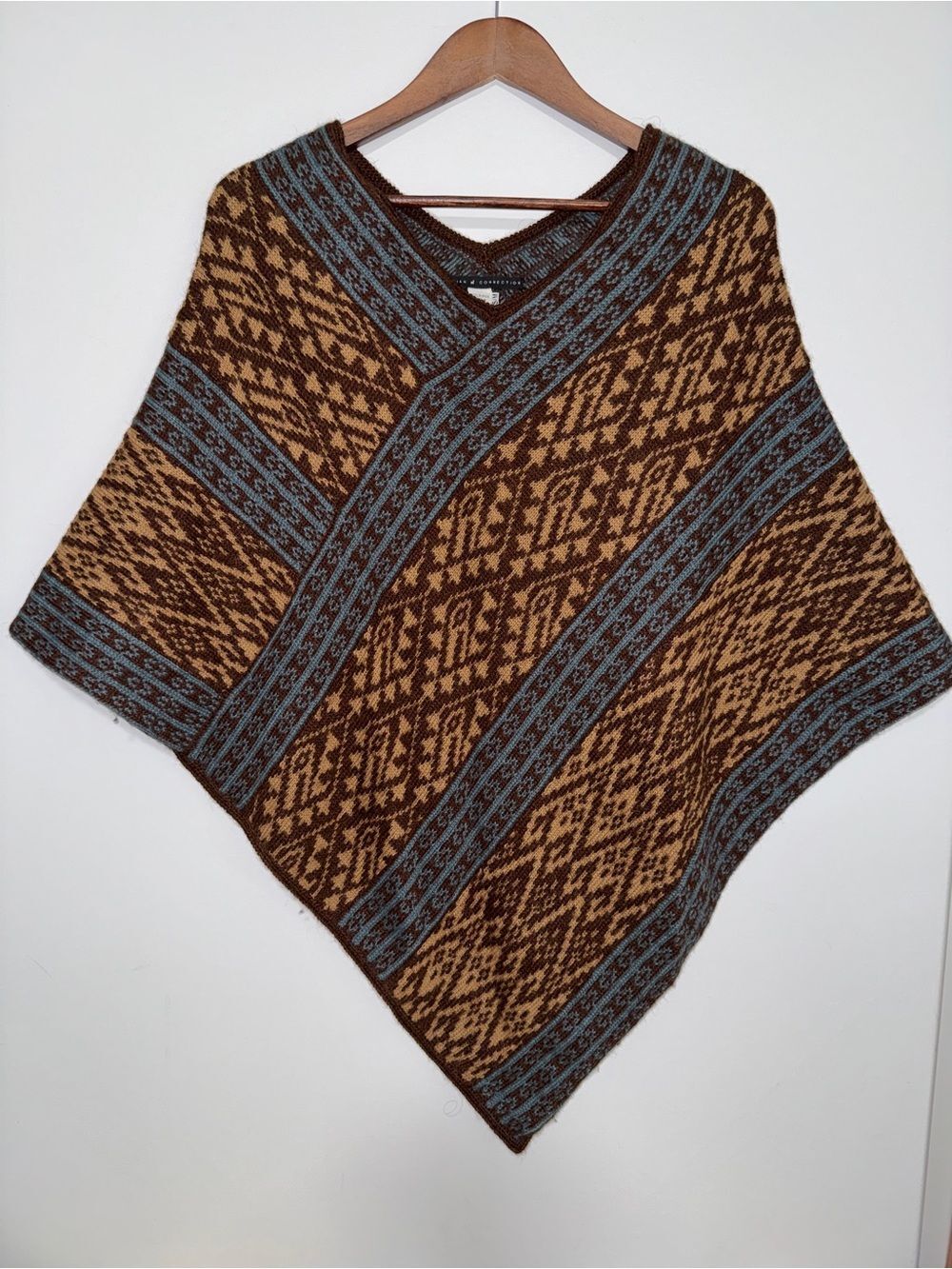 Peruvian Connection Womens S/M Brown Blue Poncho Boho Southwestern